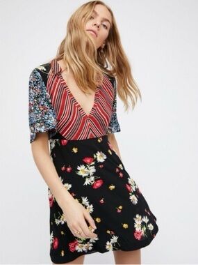 Free People Mix It Up Dress Red and black stripes and floral Size 6